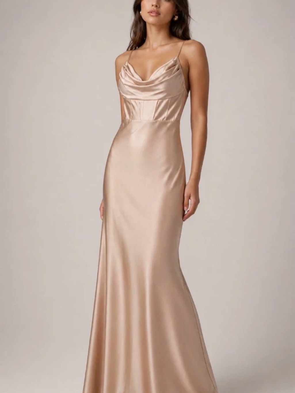 Windsor Satin Champagne Gold Stretchy Cowl Neck Slip Gown In Champagne